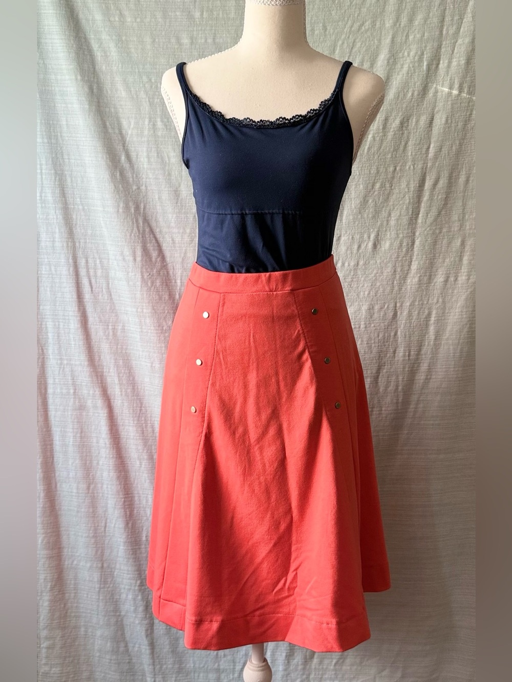 Melissa Paige Petite Coral Orange A-Line Midi Skirt Stretch Waist